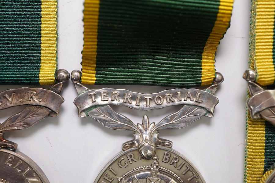 Six assorted Efficiency medals; GV (C) India to Pte.F.S.Slee,1 E.I.RY.R.,A.F.I.;GV (A) Territorial to 477046 Sjt H.W.Pawley, R.A.M.C.; GVI Militia to 2313197 Sclmn.S.H.Dummer, R.Signals.; GVI Territorial to 1434970 Gnr C